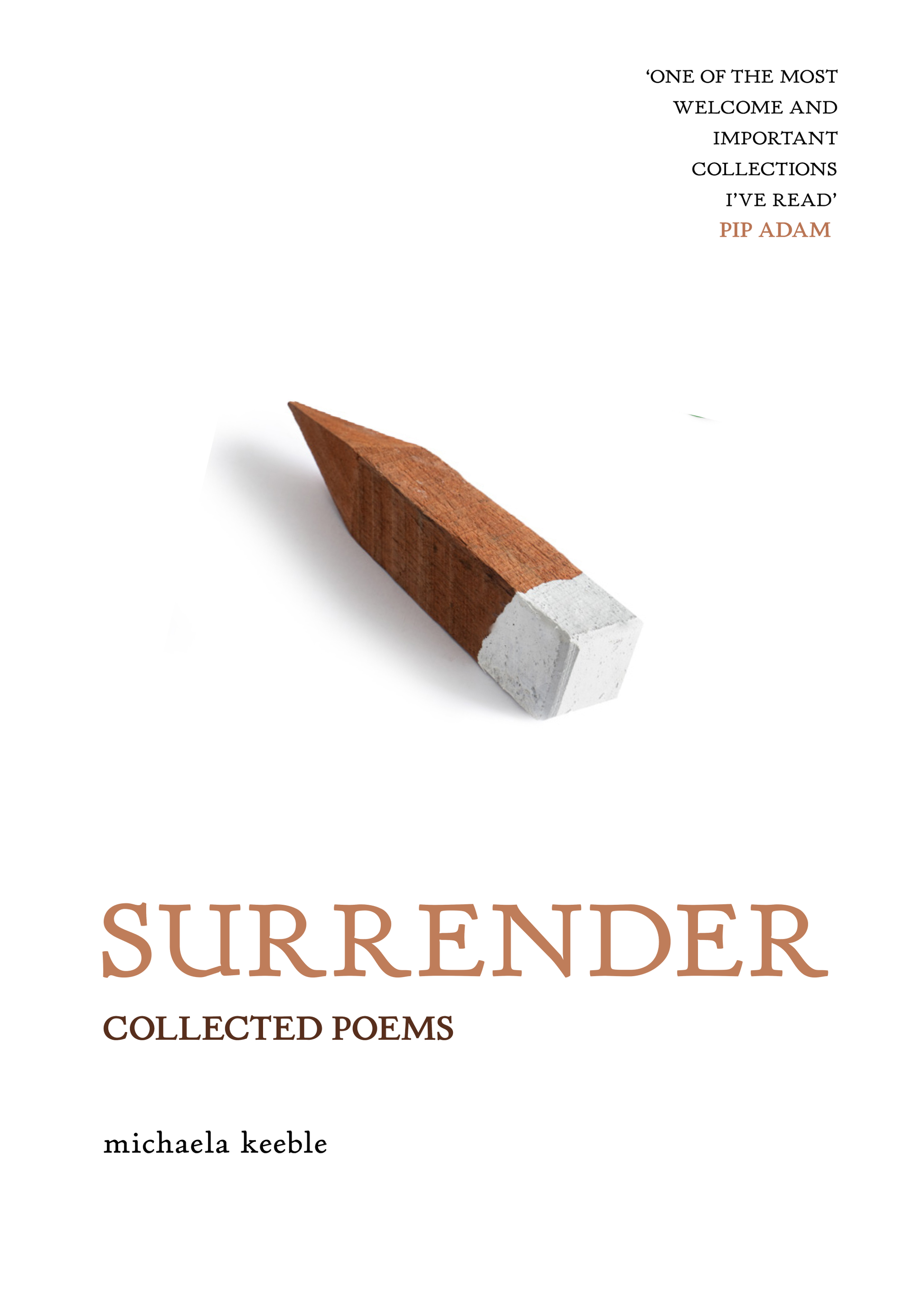 cover image of "surrender: poems" by michaela keeble. image is a survey peg against a white background, appearing to float away from the ground.