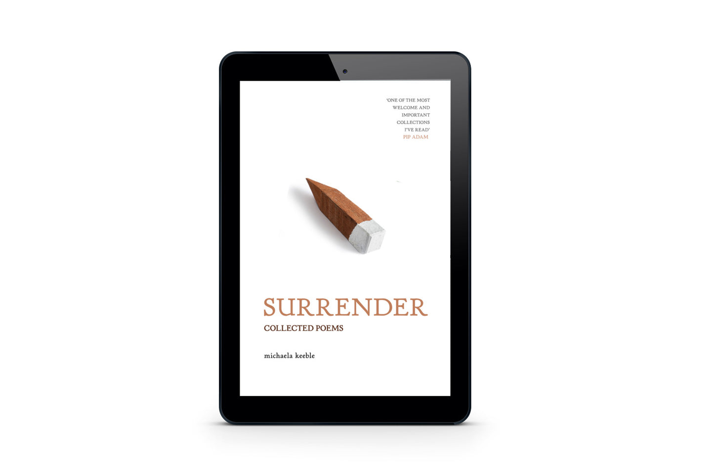 cover image of "surrender: poems" by michaela keeble, in an e-book reader image frame. image is a survey peg against a white background, appearing to float away from the ground.
